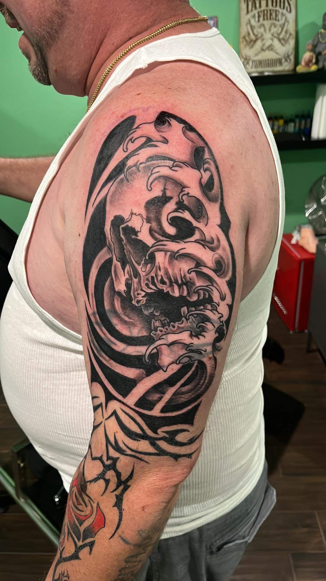 skull 1/2 sleeve cover up done by tktattz